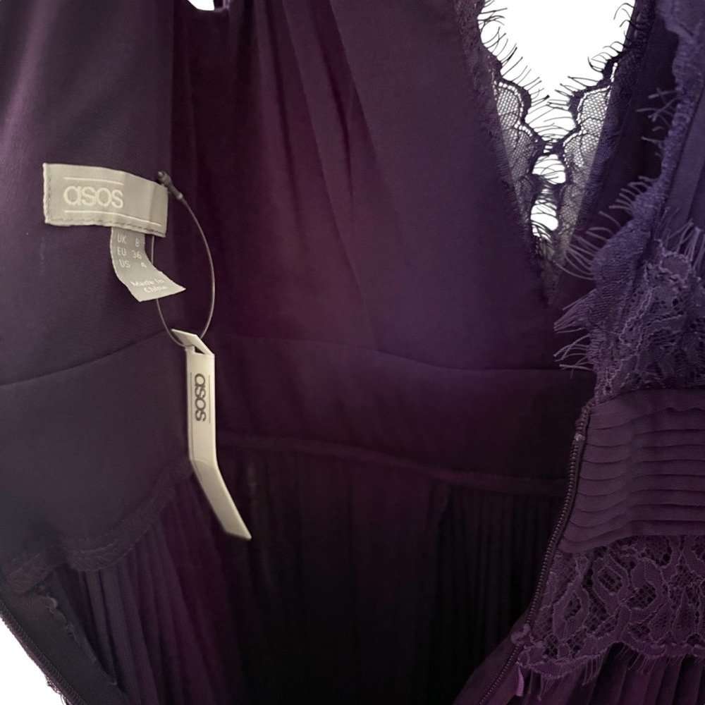 ASOS Dark Purple Pleated Maxi Dress Size 4 V Neck Lace Prom Wedding Guest Slits - Picture 10 of 16